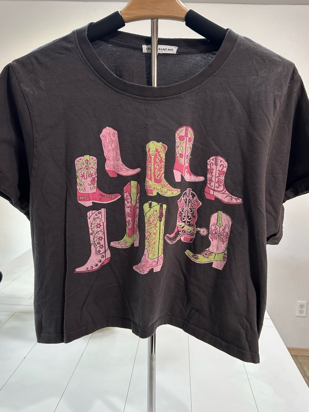 Woman’s Black Graphic Tee with Pink & Lime Cowboy Boots